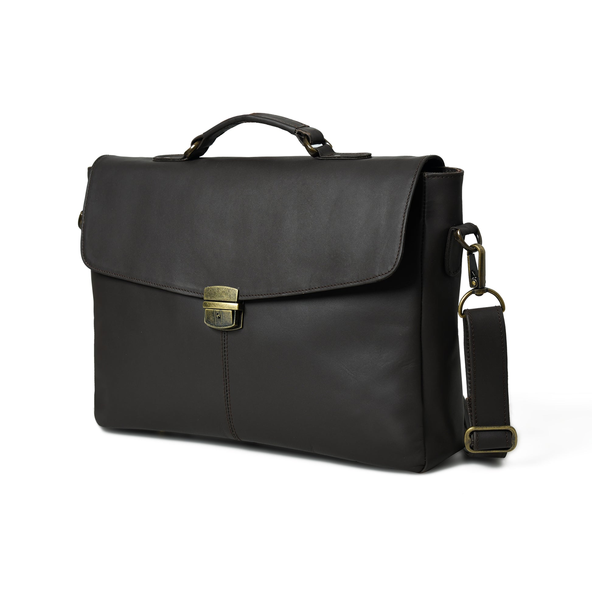 Black Noir Alden leather office briefcase, angled front view with flap, top handle, clasp, and shoulder strap
