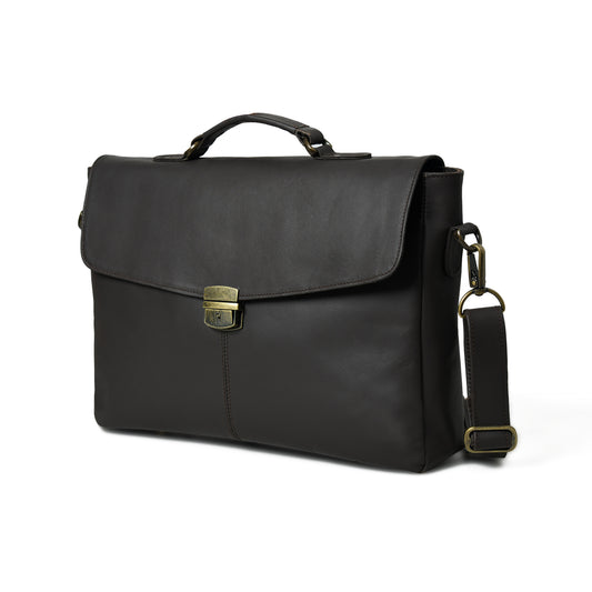 Black Noir Alden leather office briefcase, angled front view with flap, top handle, clasp, and shoulder strap
