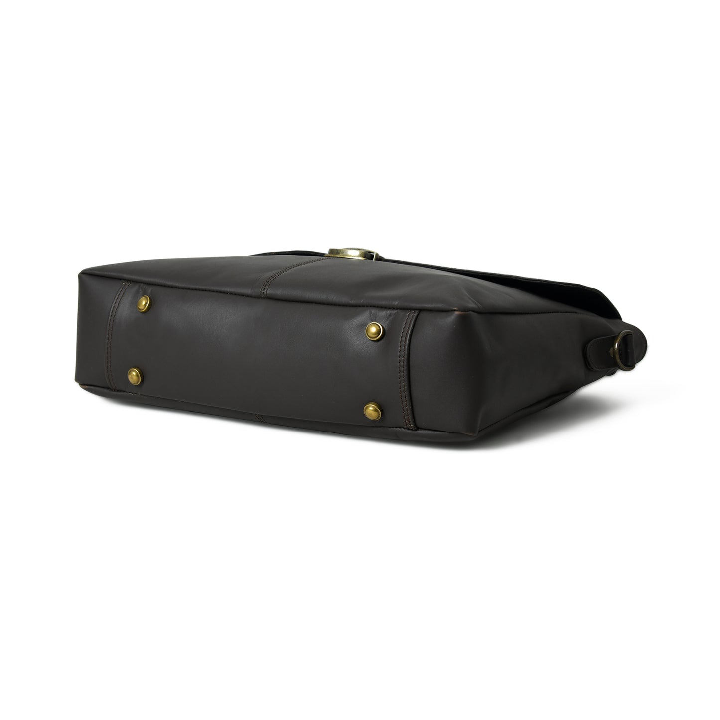 Black Noir Alden leather briefcase, bottom view showing structured base and four brass-tone metal feet