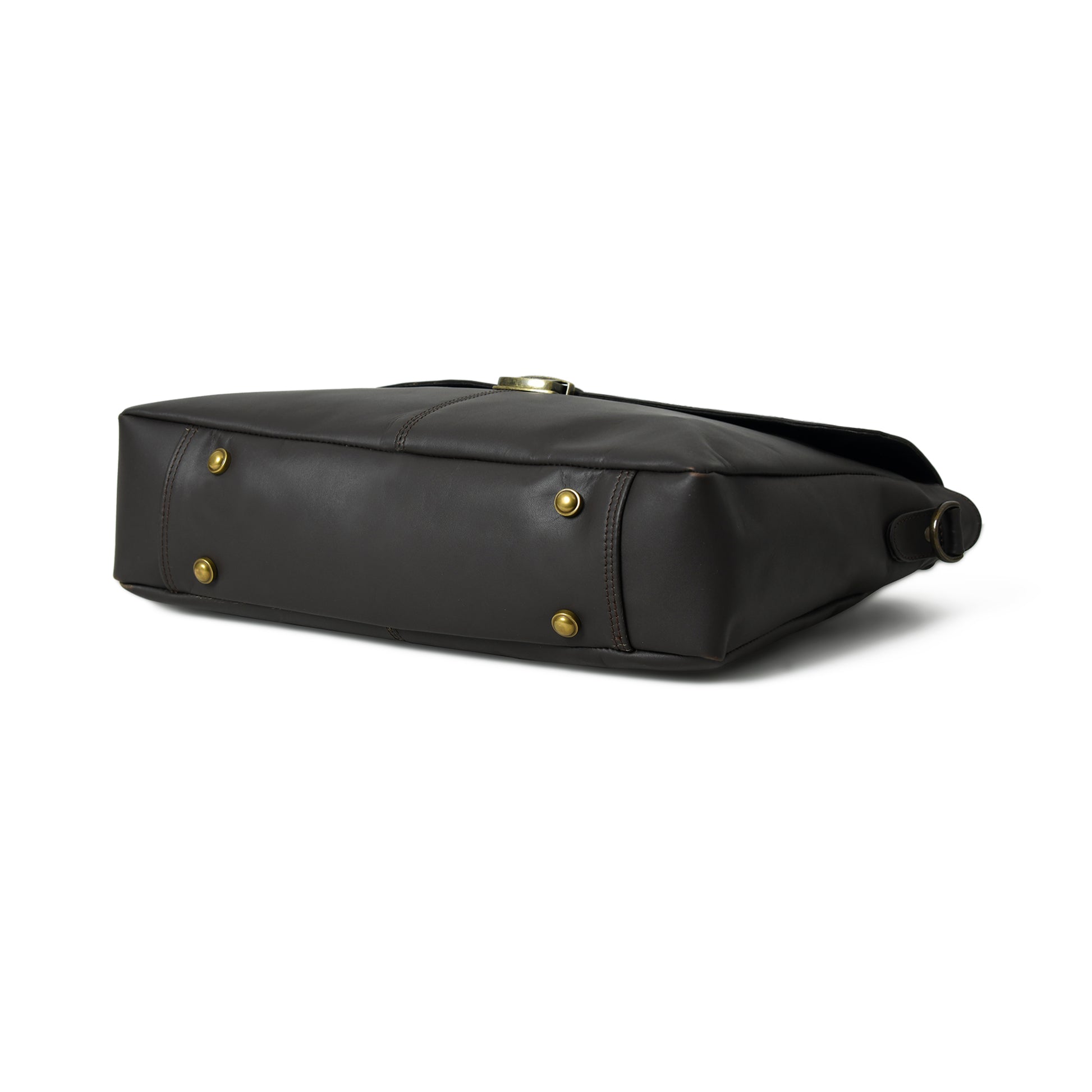 Black Noir Alden leather briefcase, bottom view showing structured base and four brass-tone metal feet