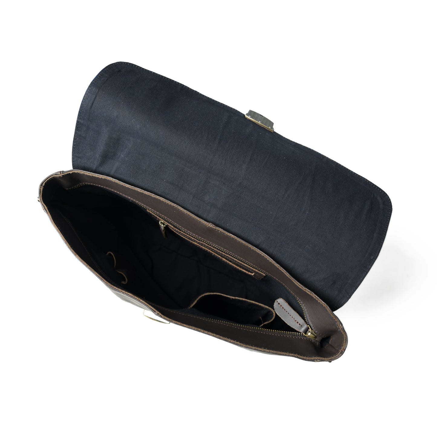 Open Noir Alden leather briefcase showing dark cotton lining, zip main compartment, and interior zipper pocket