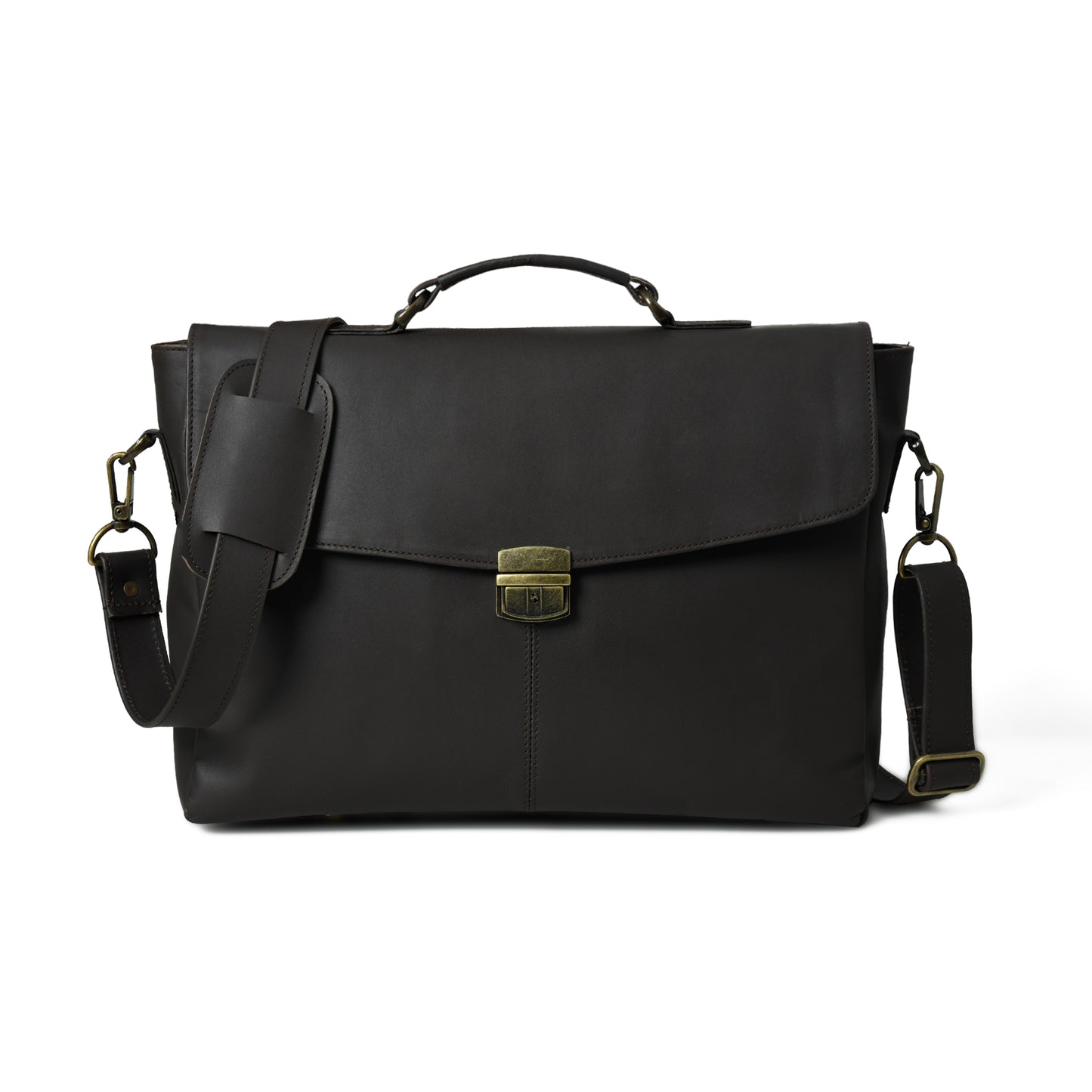 Black Noir Alden leather office briefcase, front view with flap, brass-tone clasp, top handle, and shoulder strap