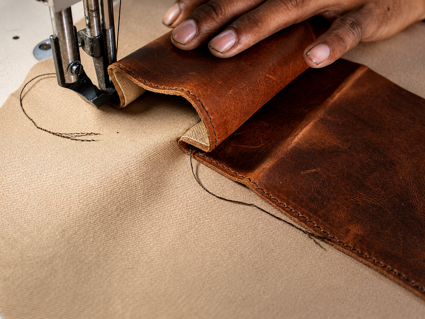 A close-up of a leather roll being sewn by a sewing machine, with a person's hand guiding it over tan fabric.