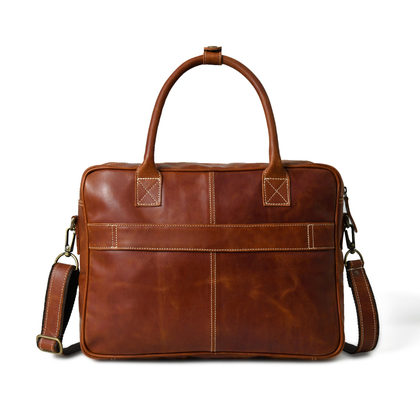 Rear view of waxed buffalo leather laptop briefcase showing the back panel and strap attachments
