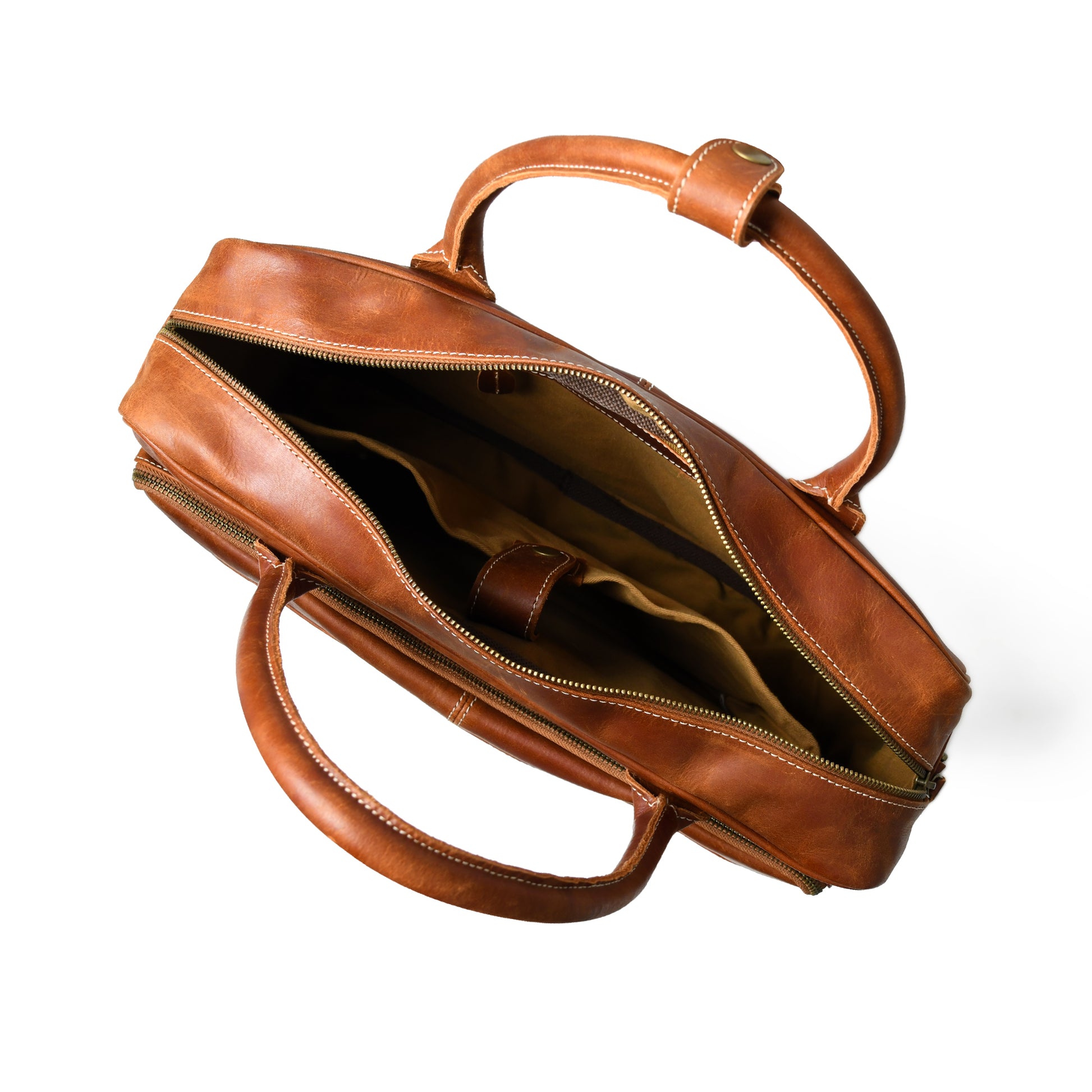 Open waxed buffalo leather laptop briefcase showing the lined interior and storage compartments