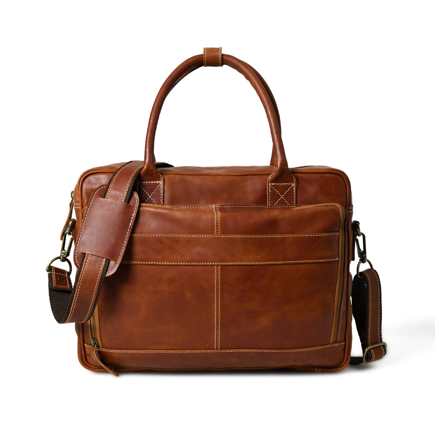 Front view of waxed buffalo leather laptop briefcase showing pockets, closure, and hardware