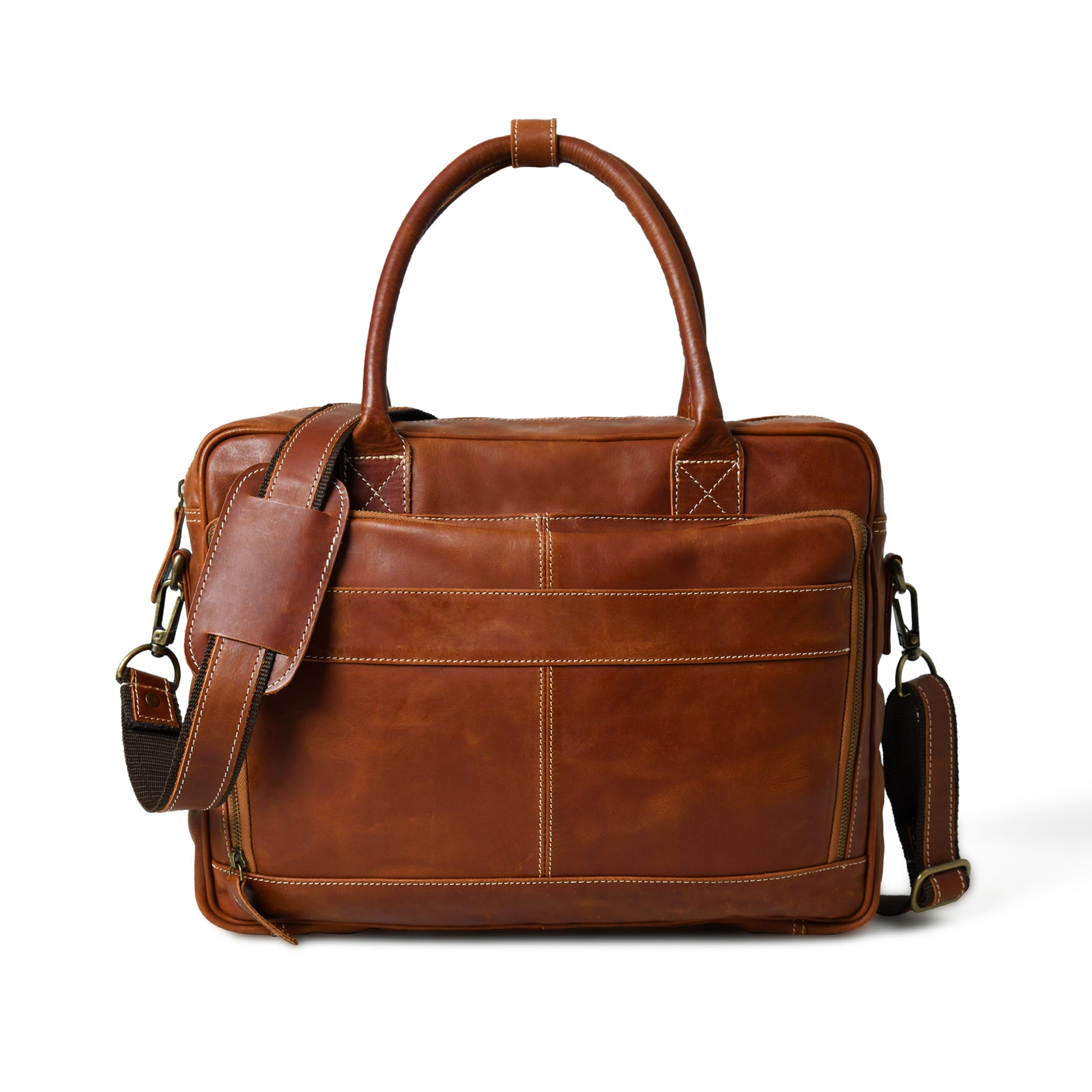 Front view of waxed buffalo leather laptop briefcase showing pockets, closure, and hardware