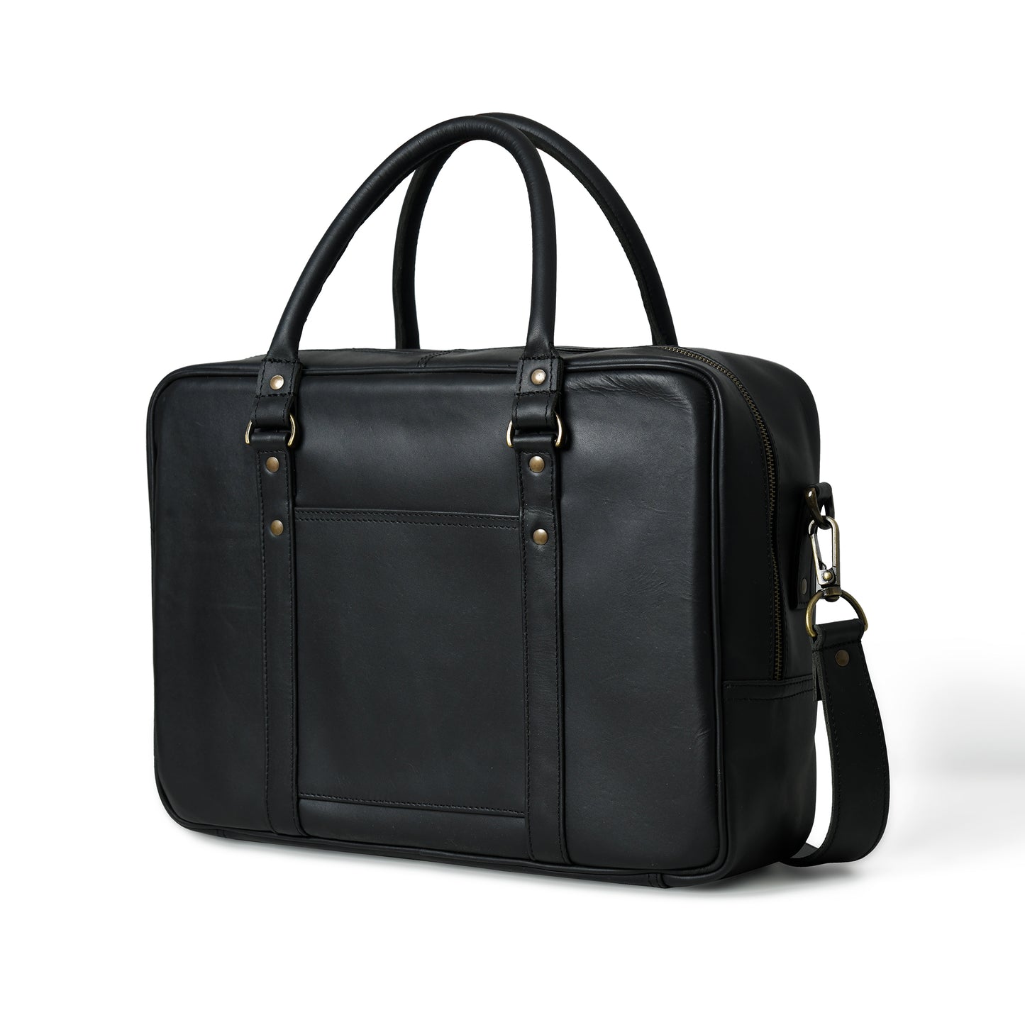 Waxed leather laptop briefcase in an angled front view with handles and hardware