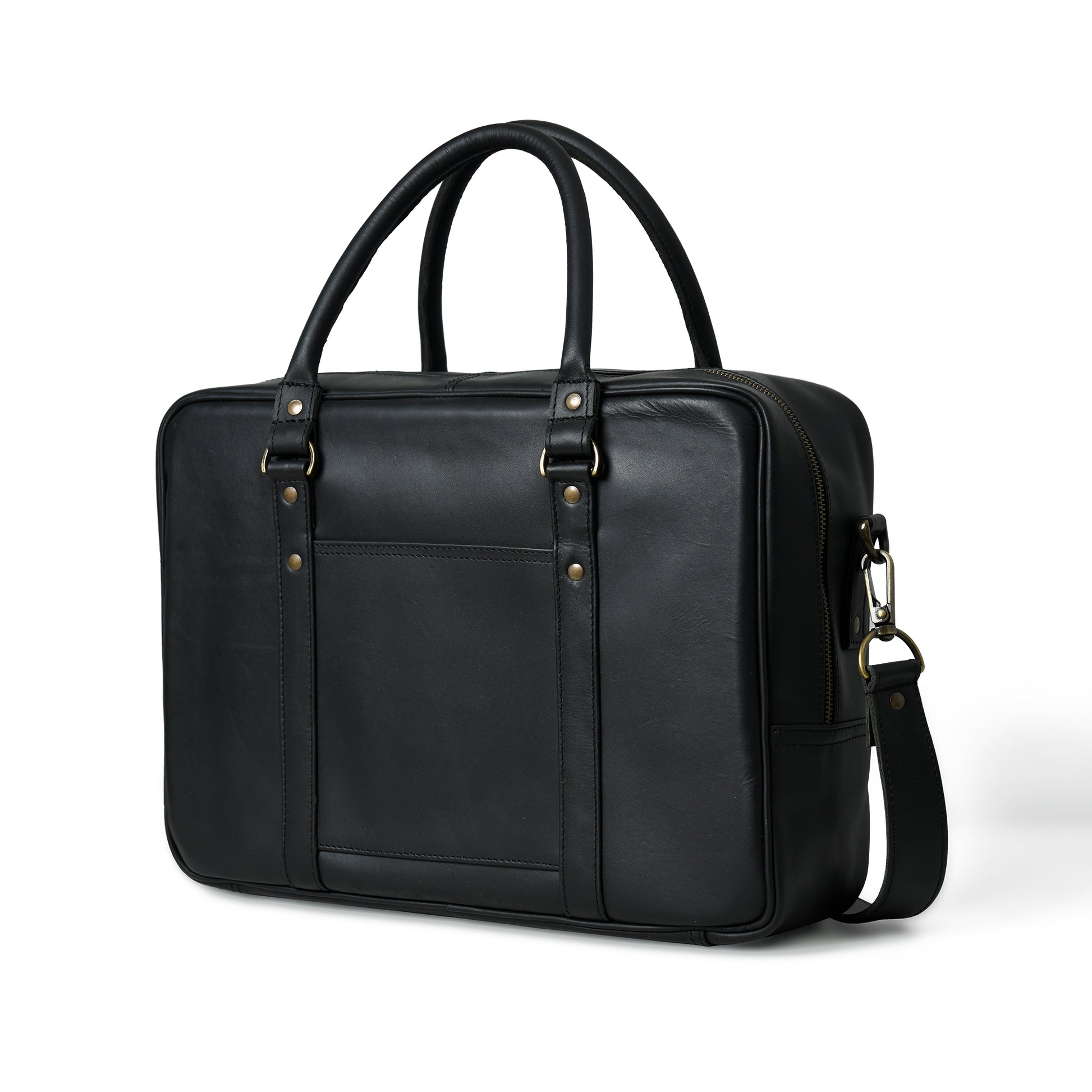 Waxed leather laptop briefcase in an angled front view with handles and hardware