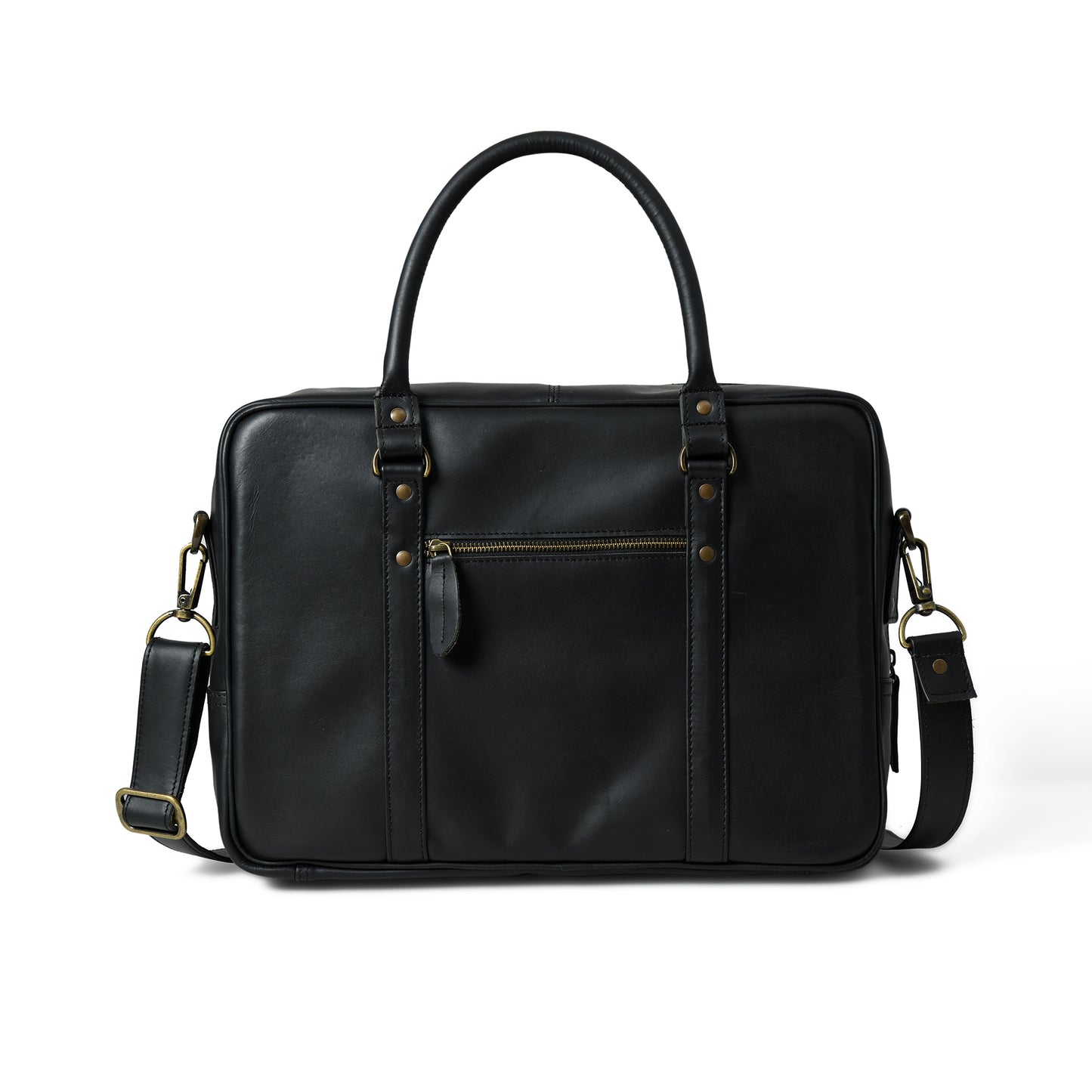 Rear view of waxed leather laptop briefcase showing the back panel and strap attachments