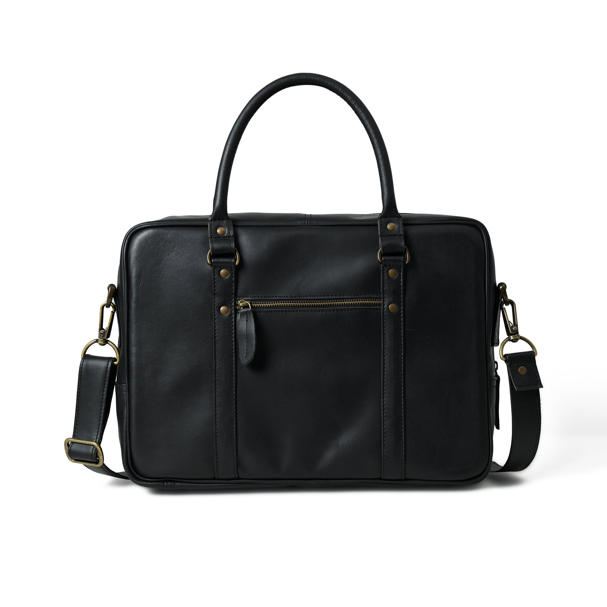 Rear view of waxed leather laptop briefcase showing the back panel and strap attachments