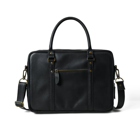 Rear view of waxed leather laptop briefcase showing the back panel and strap attachments