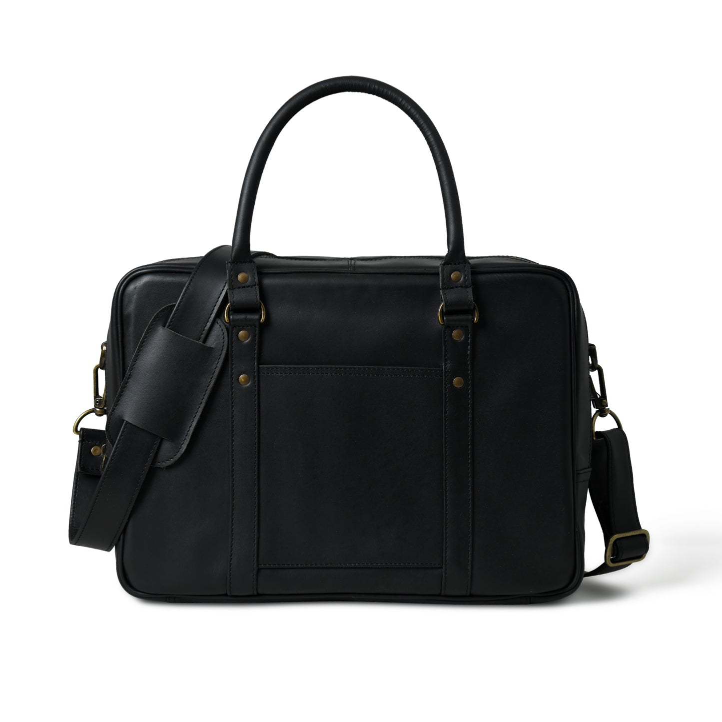 Front view of waxed leather laptop briefcase showing pockets, closure, and hardware