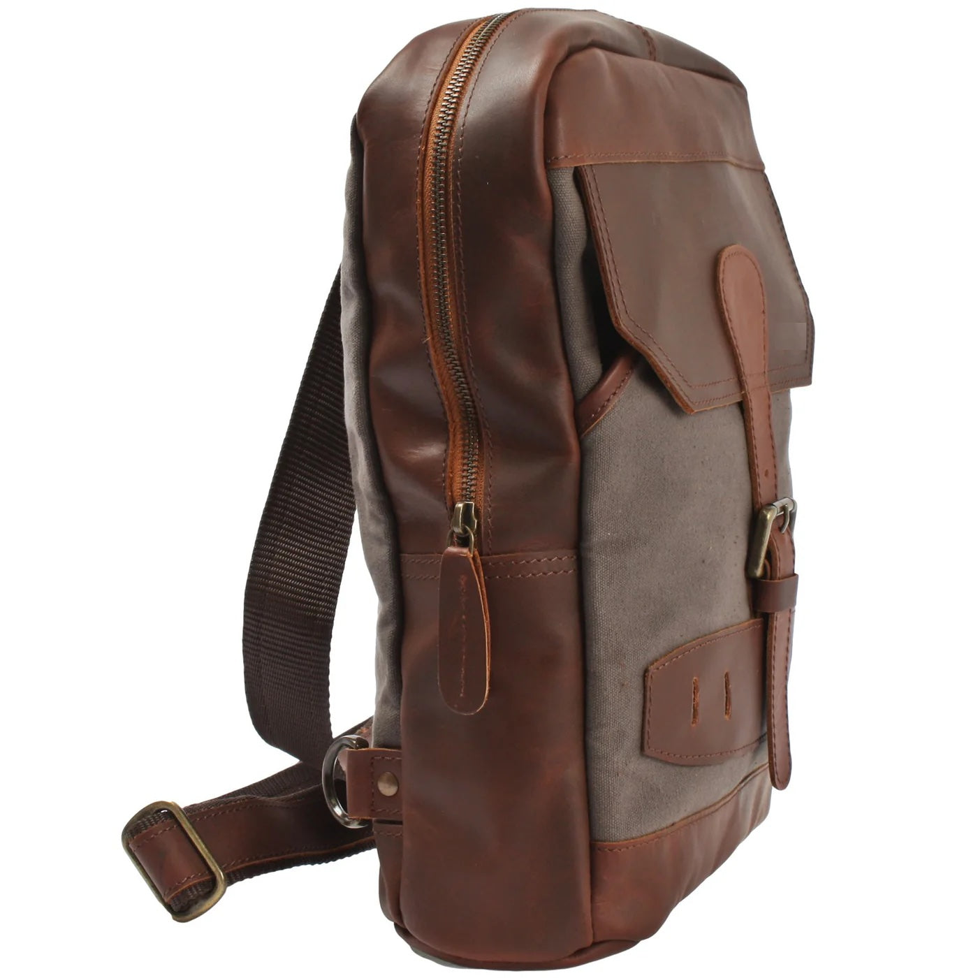 Gray Rowan canvas sling backpack, angled side view showing top zipper, leather trim, and bag depth
