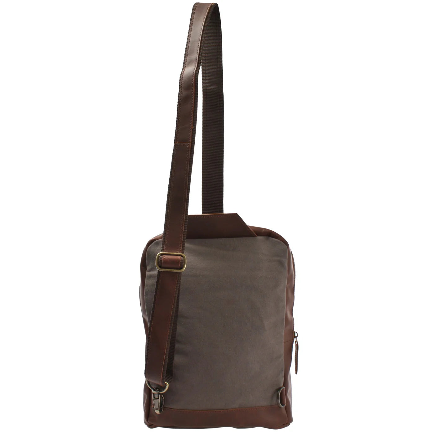 Gray Rowan backpack, rear view with adjustable single strap clipped for crossbody wear