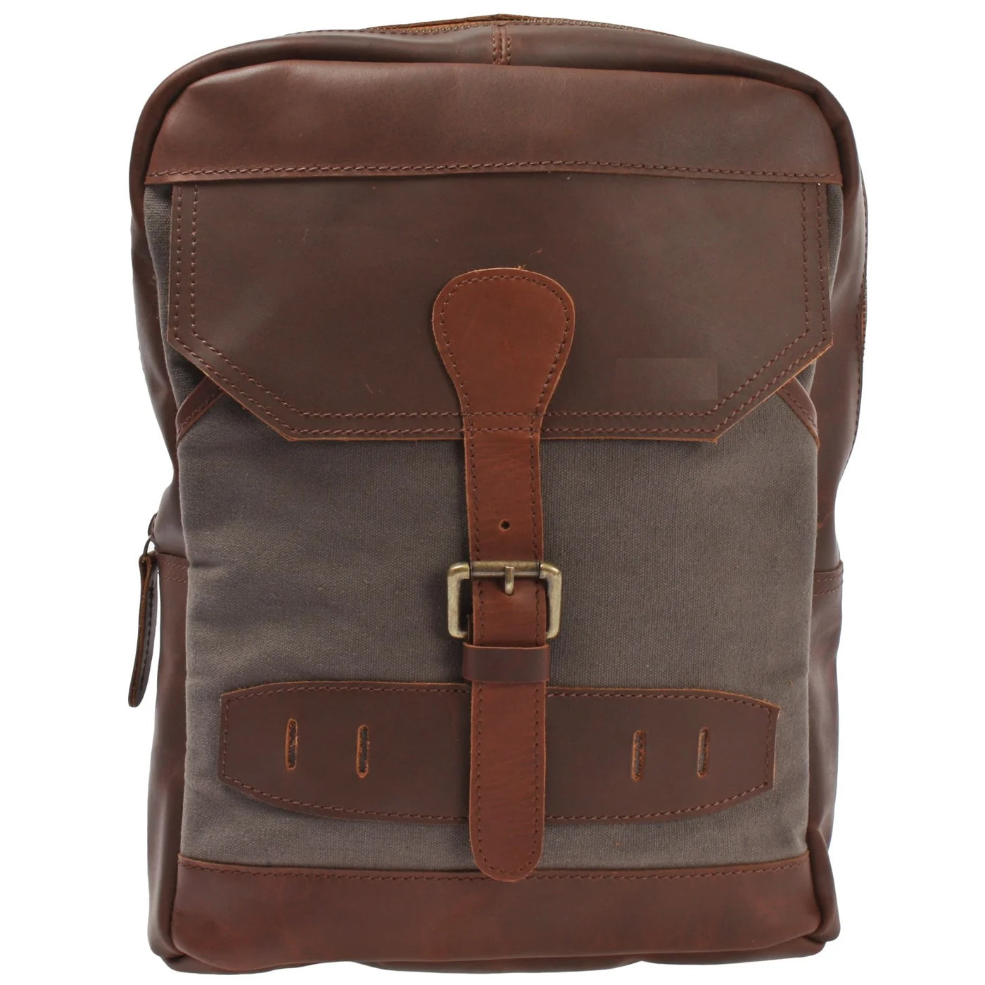 Gray Rowan canvas sling backpack, front view with brown cowhide leather trim, flap pocket, and buckle closure