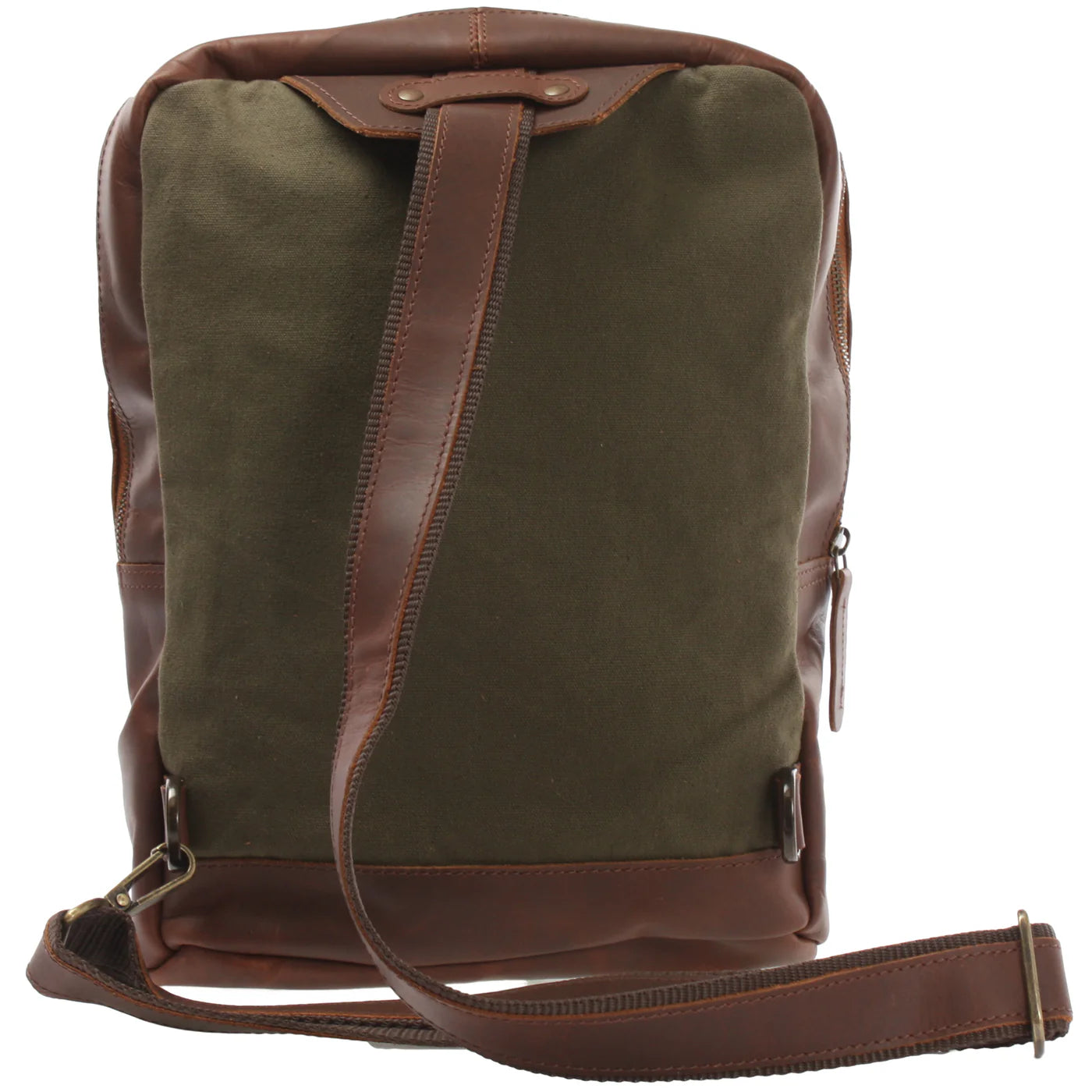 Olive green Rowan sling backpack, rear view with adjustable strap and dual lower attachment rings