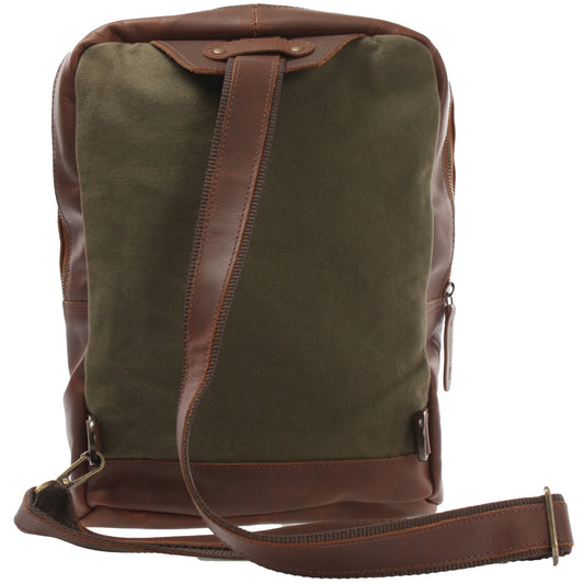 Olive green Rowan sling backpack, rear view with adjustable strap and dual lower attachment rings
