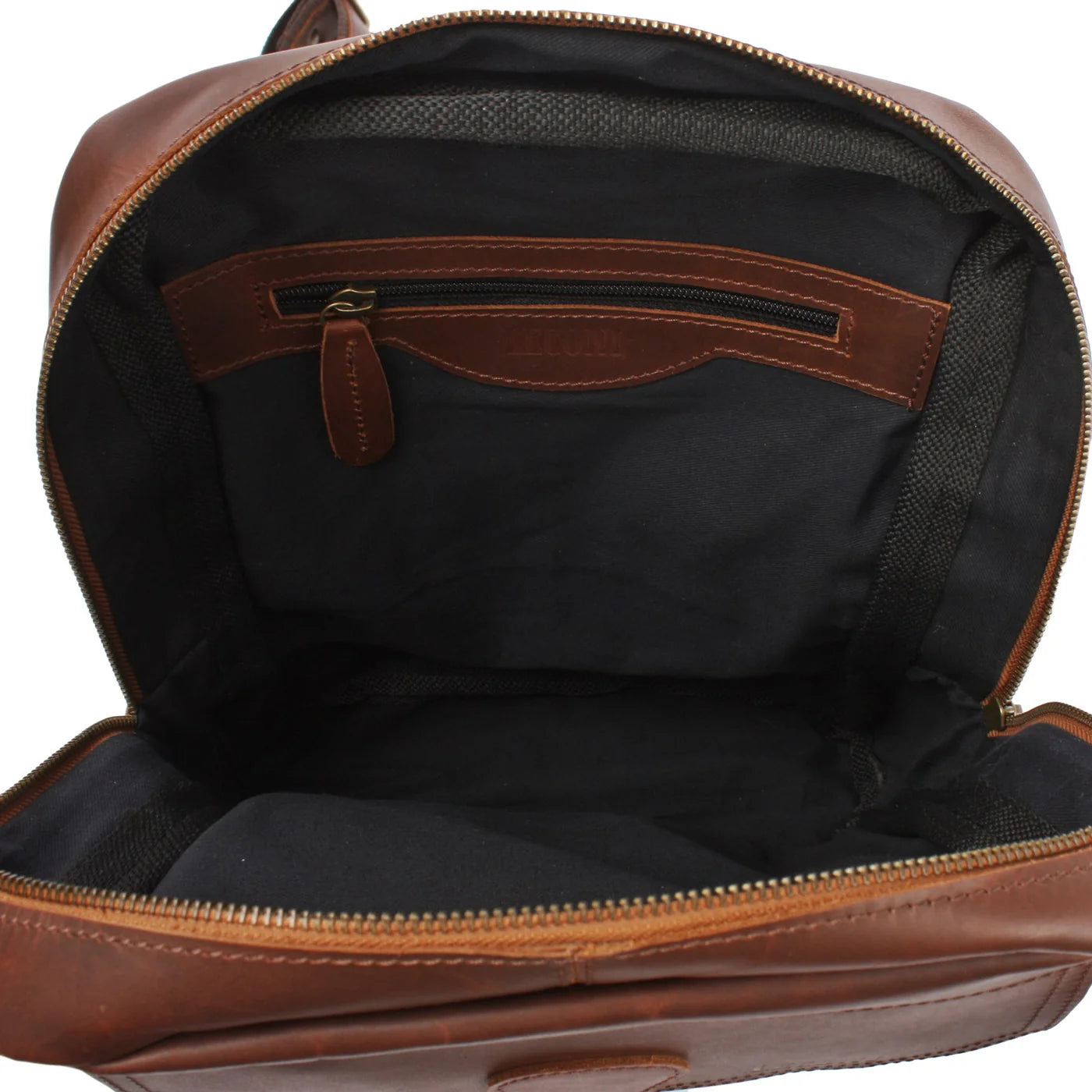 Open olive green Rowan backpack showing dark fabric lining and interior zipper pocket