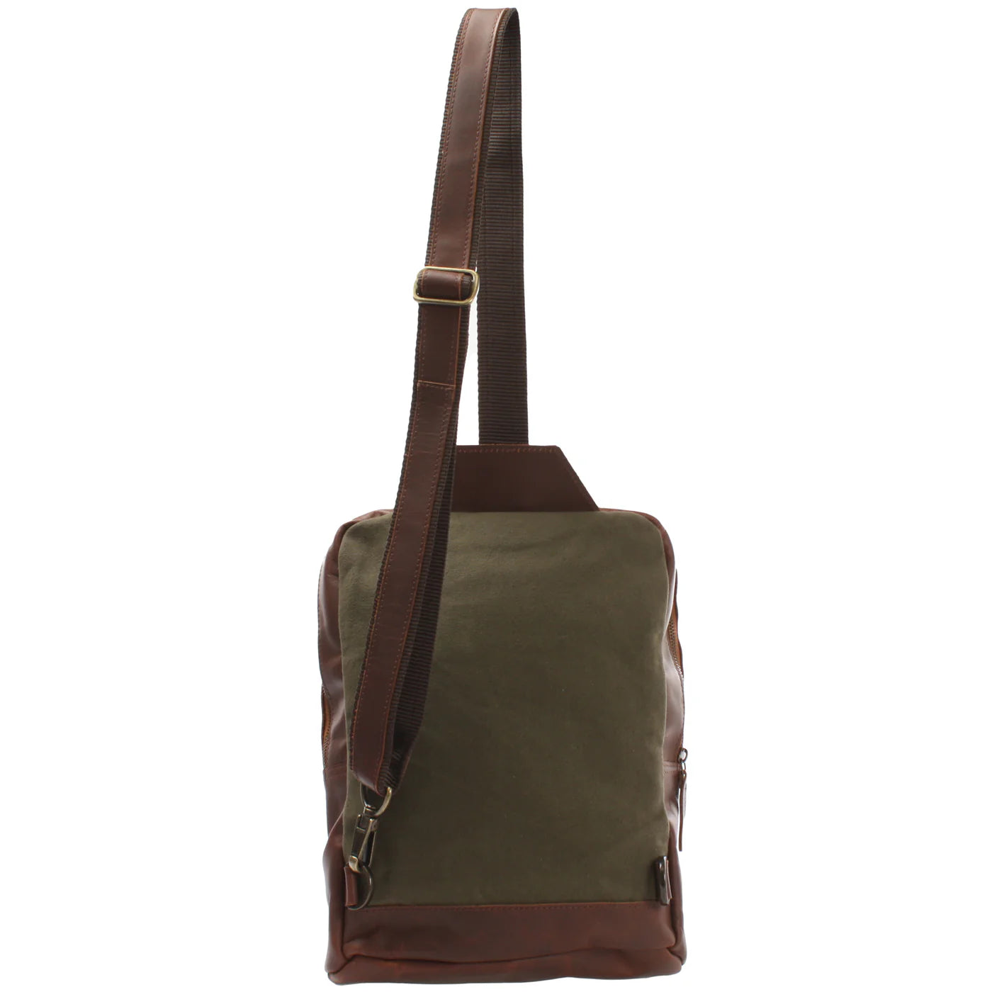 Olive green Rowan backpack, rear view with adjustable single strap clipped for crossbody wear