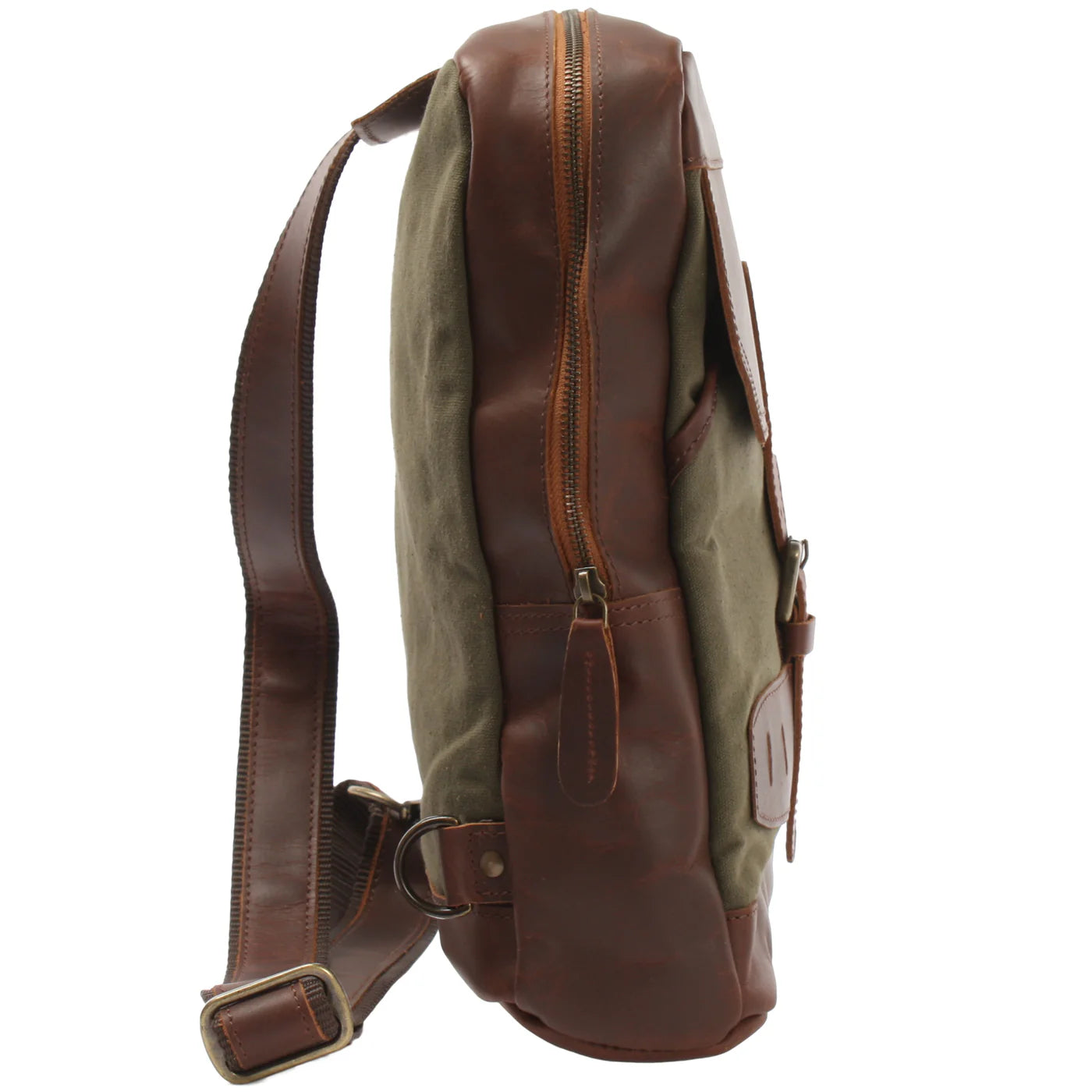 Olive green Rowan sling backpack, side view showing 3.9-inch depth, top zipper, and leather trim