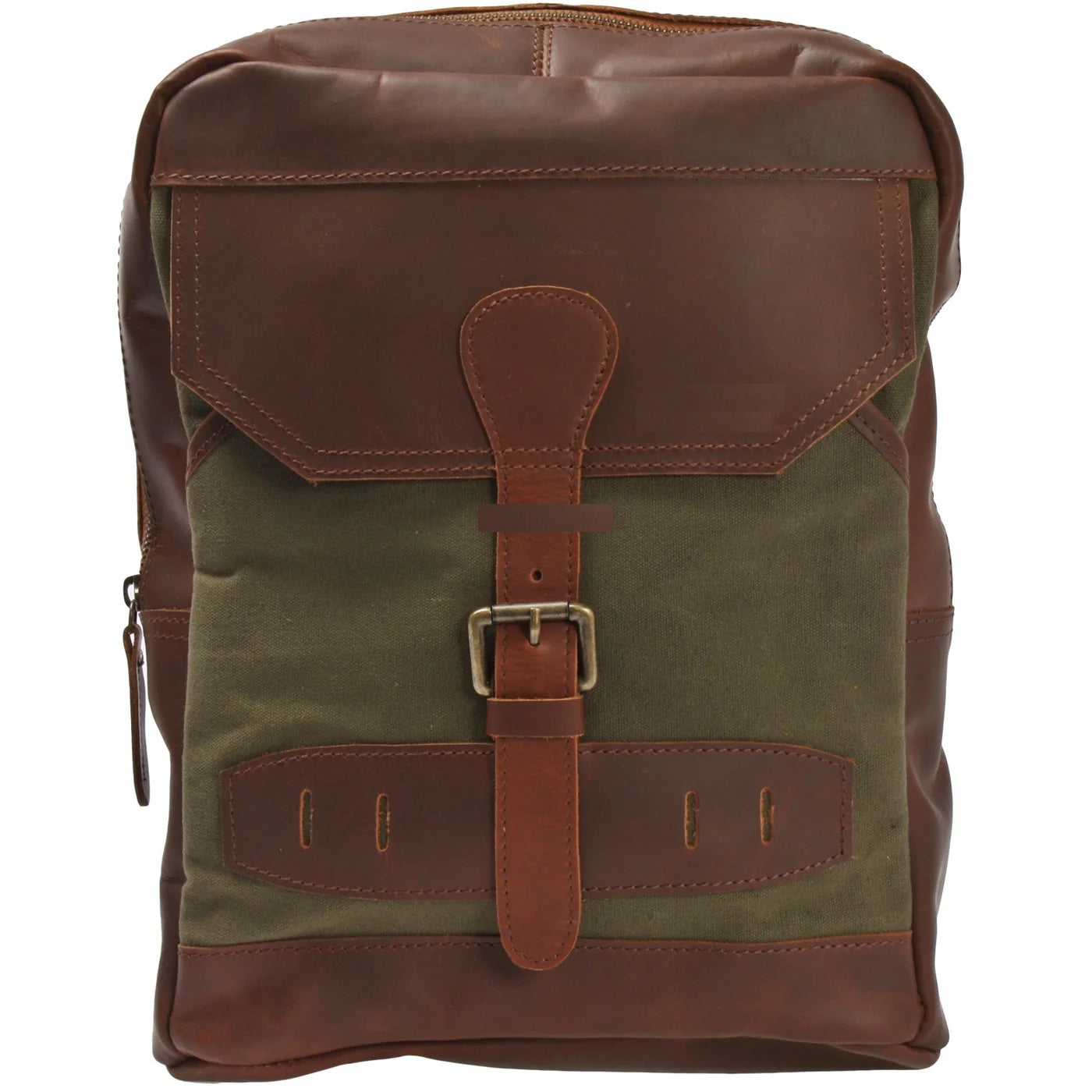 Olive green Rowan canvas sling backpack, front view with cowhide leather trim, flap pocket, and buckle closure