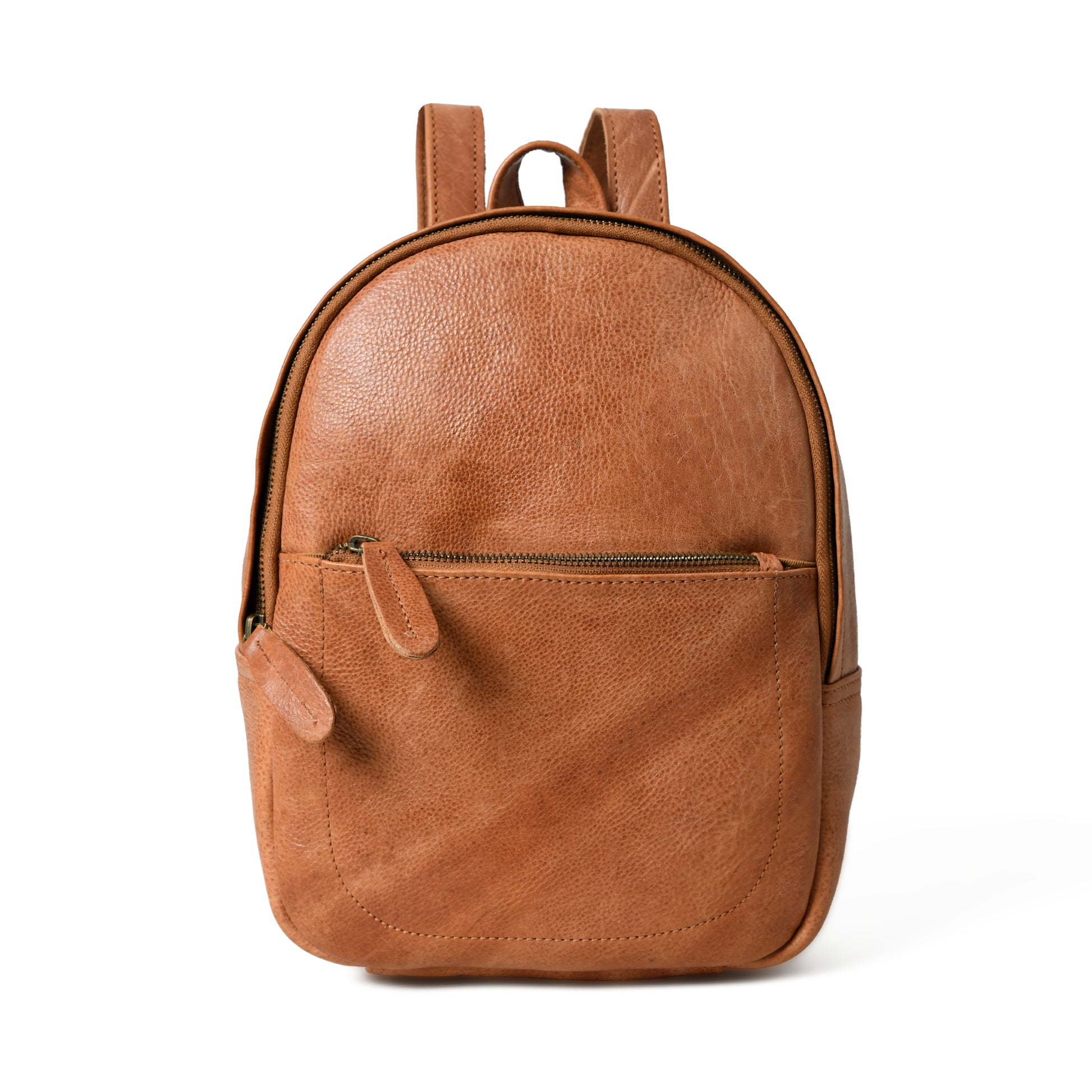 Cognac Sienna leather backpack, front view with rounded top, front zip pocket, top handle, and adjustable straps