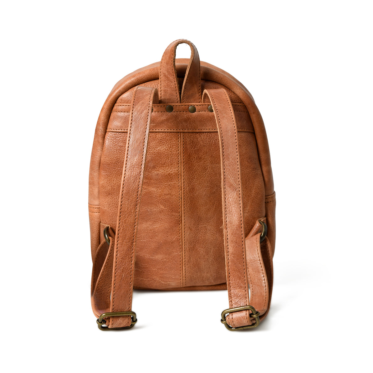 Cognac Sienna leather backpack, rear view with adjustable shoulder straps, top handle, and antique-tone buckles