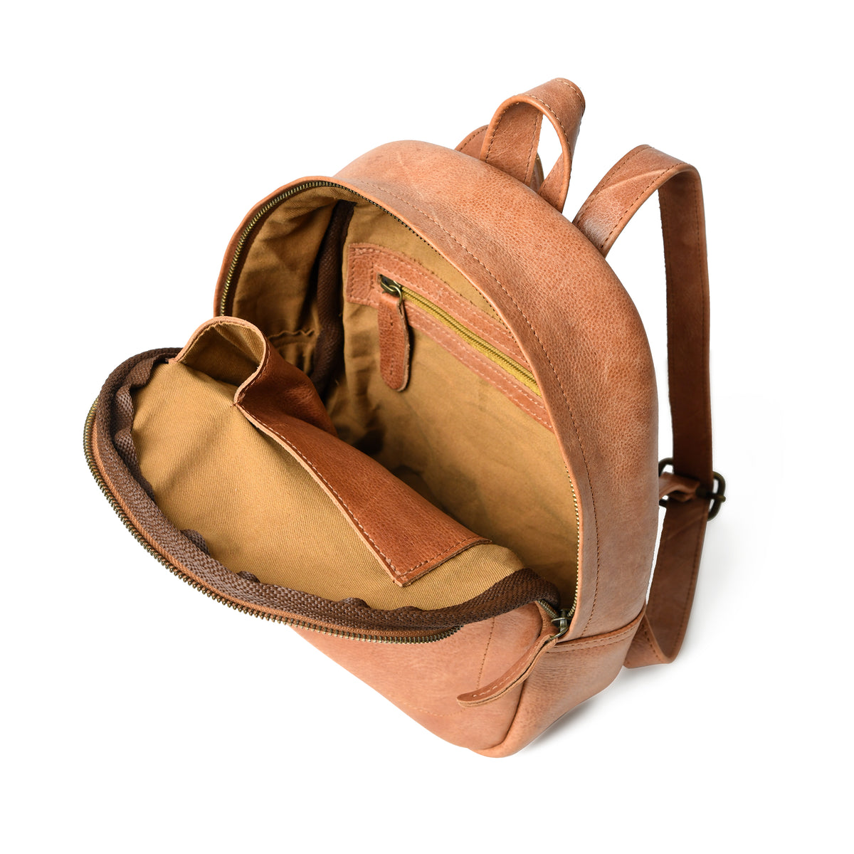 Open Sienna leather backpack showing tan cotton lining, interior zipper pocket, slip pockets, and wide opening