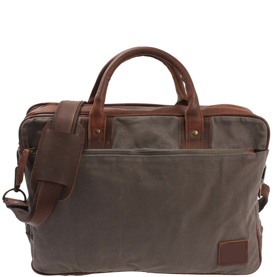 Gray canvas and brown cowhide trolley briefcase with leather handles, shoulder strap, and front zip pocket