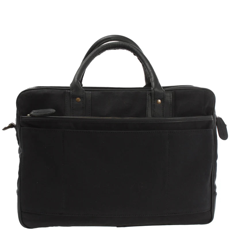 Cuiravo Valen black canvas and cowhide briefcase, rear view with zip pocket, leather handles, and brass-tone hardware