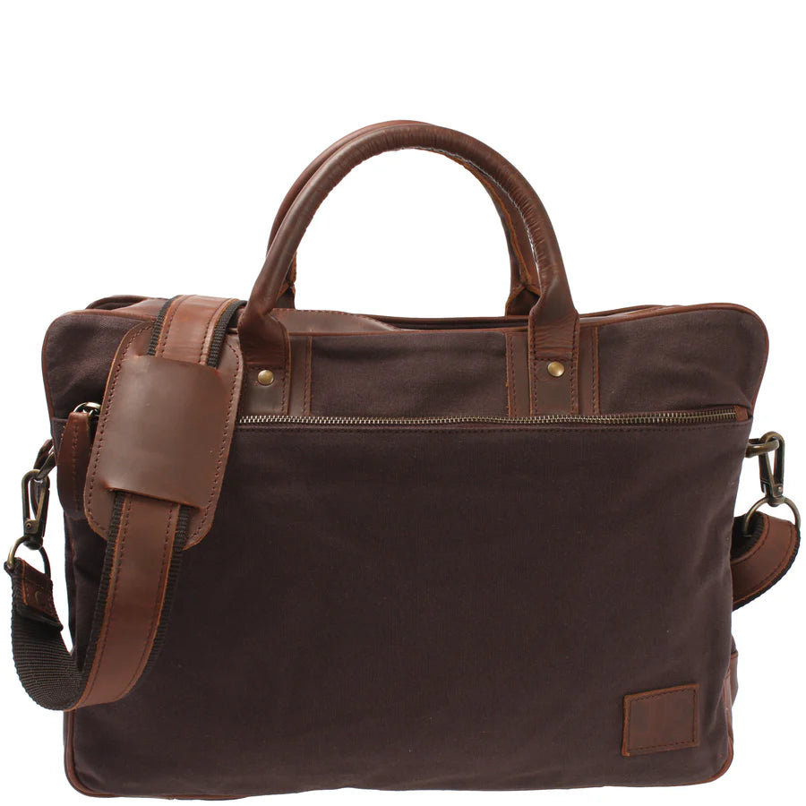 Mocha canvas and brown cowhide trolley briefcase with detachable shoulder strap and front zip pocket