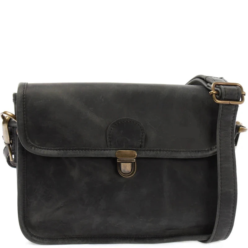 Charcoal gray Vela waxed leather shoulder bag, front view with flap closure, brass-tone clasp, and adjustable strap