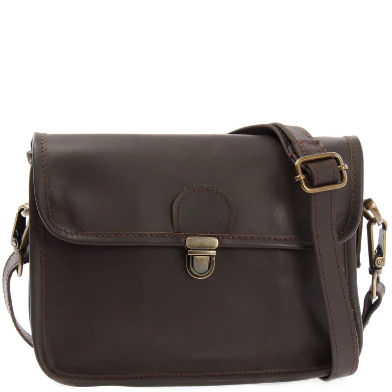 Brown Vela waxed leather shoulder bag, front view showing distressed finish and brass-tone clasp
