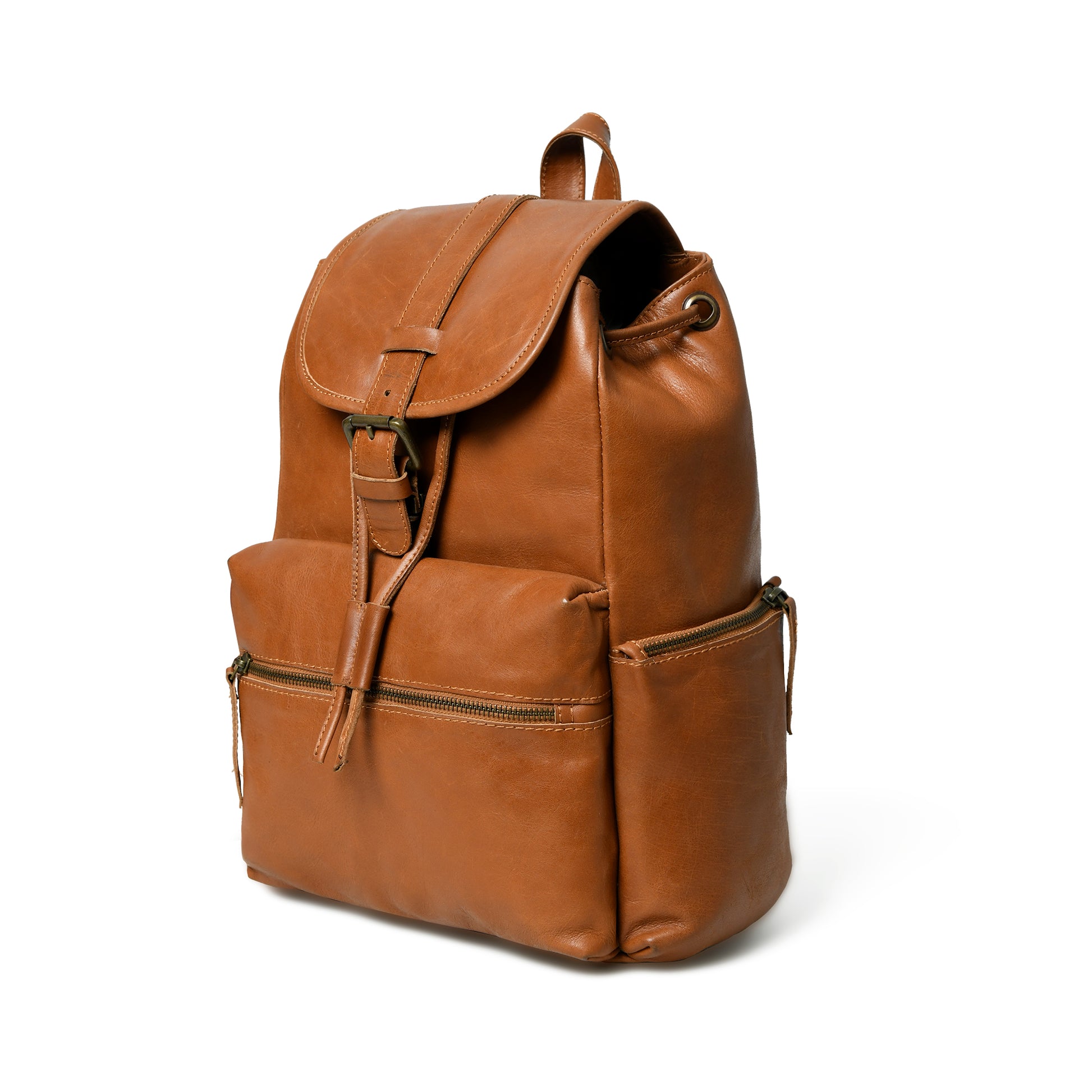 Cognac Vivian leather backpack, angled front view showing flap closure, front zip pocket, and side pocket