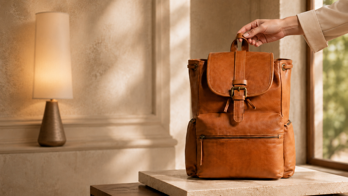 A warm brown Cuiravo Vivian leather backpack with a top handle and front flap closure, shown on a stone pedestal in a sunlit interior. A person's hand and forearm are visible holding the handle, and a lamp and window are in the background.