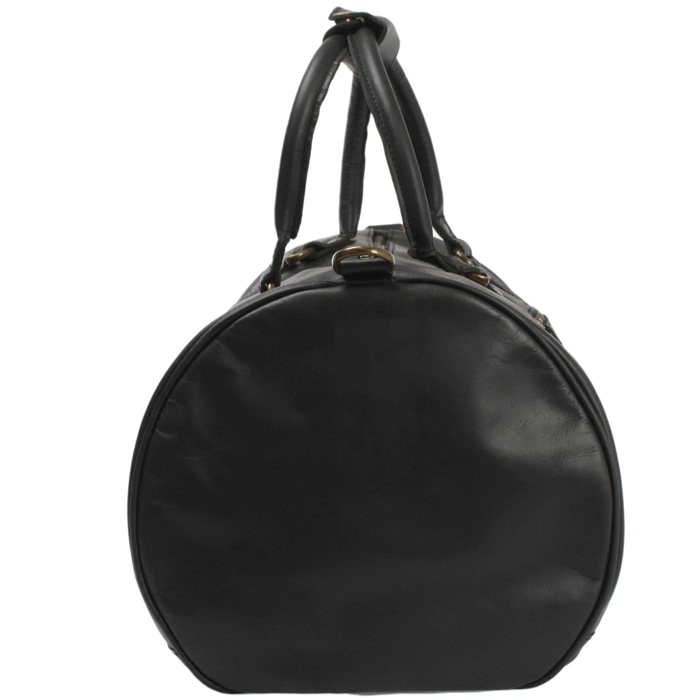 Black Voyager leather weekender duffel, end view showing rounded profile and shoulder strap attachment ring