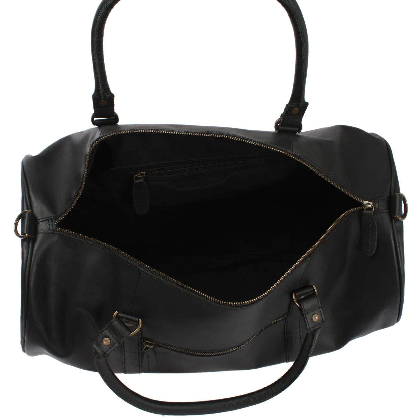 Open black Voyager weekender duffel showing dark lining, interior zip pocket, and wide main opening
