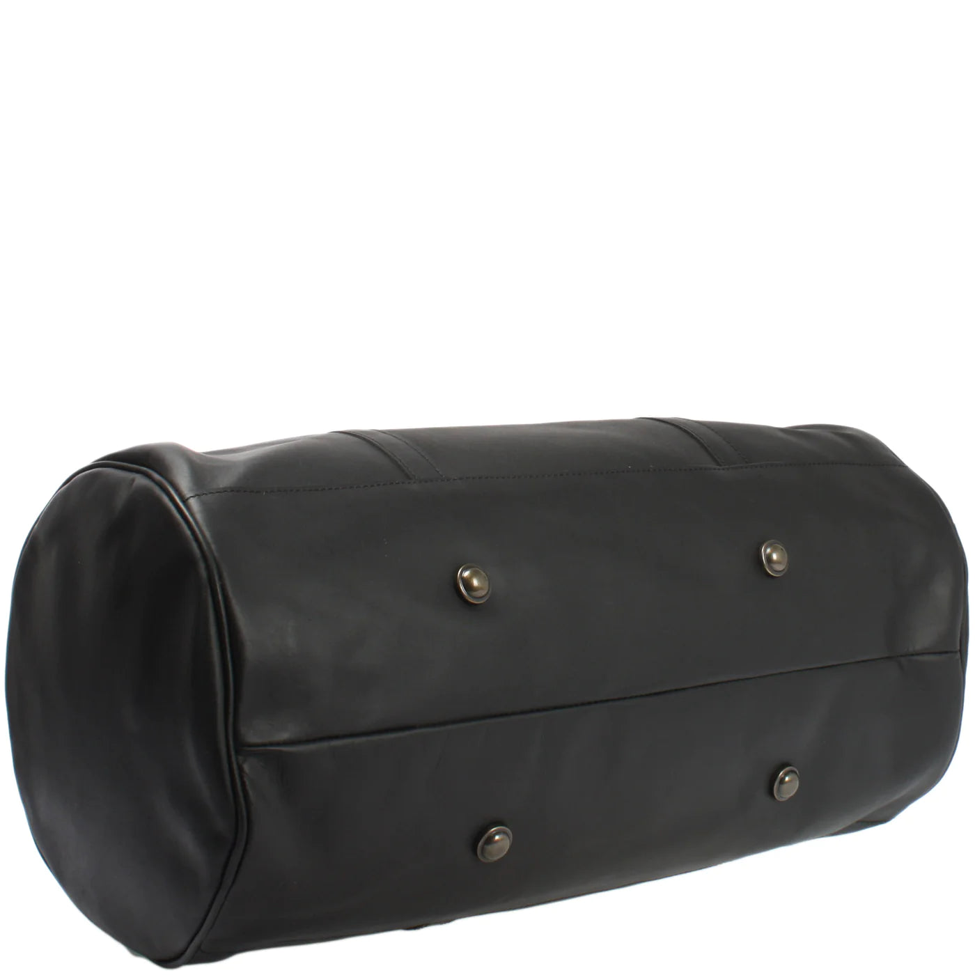 Black Voyager leather duffel, bottom view showing reinforced base, piping, and four metal feet
