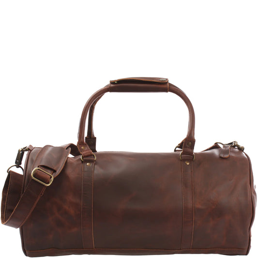 Brown Voyager leather weekender duffel, front view with distressed finish, top handles, and shoulder strap
