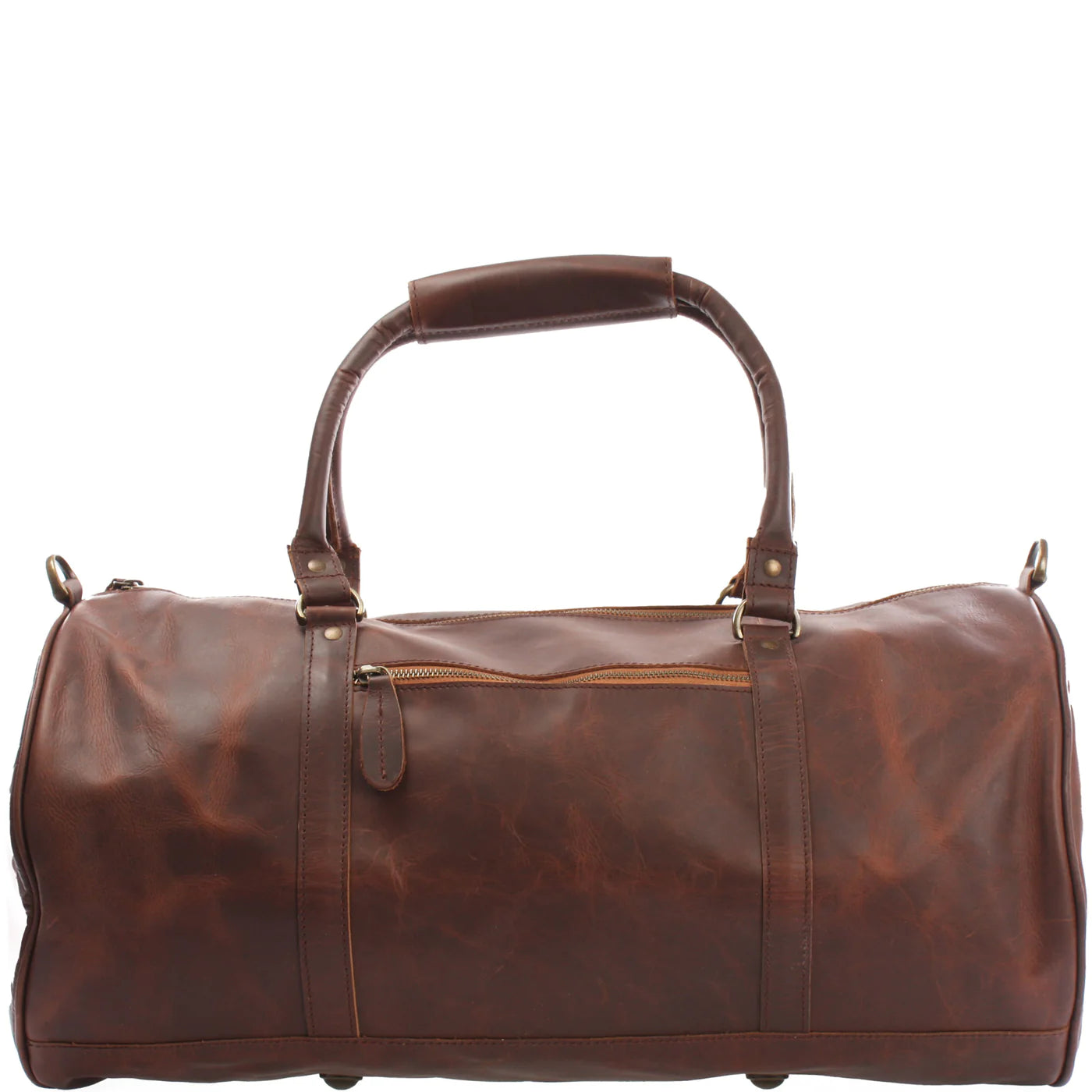 Brown Voyager leather duffel, zip-pocket panel view with reinforced handles and leather zipper pull