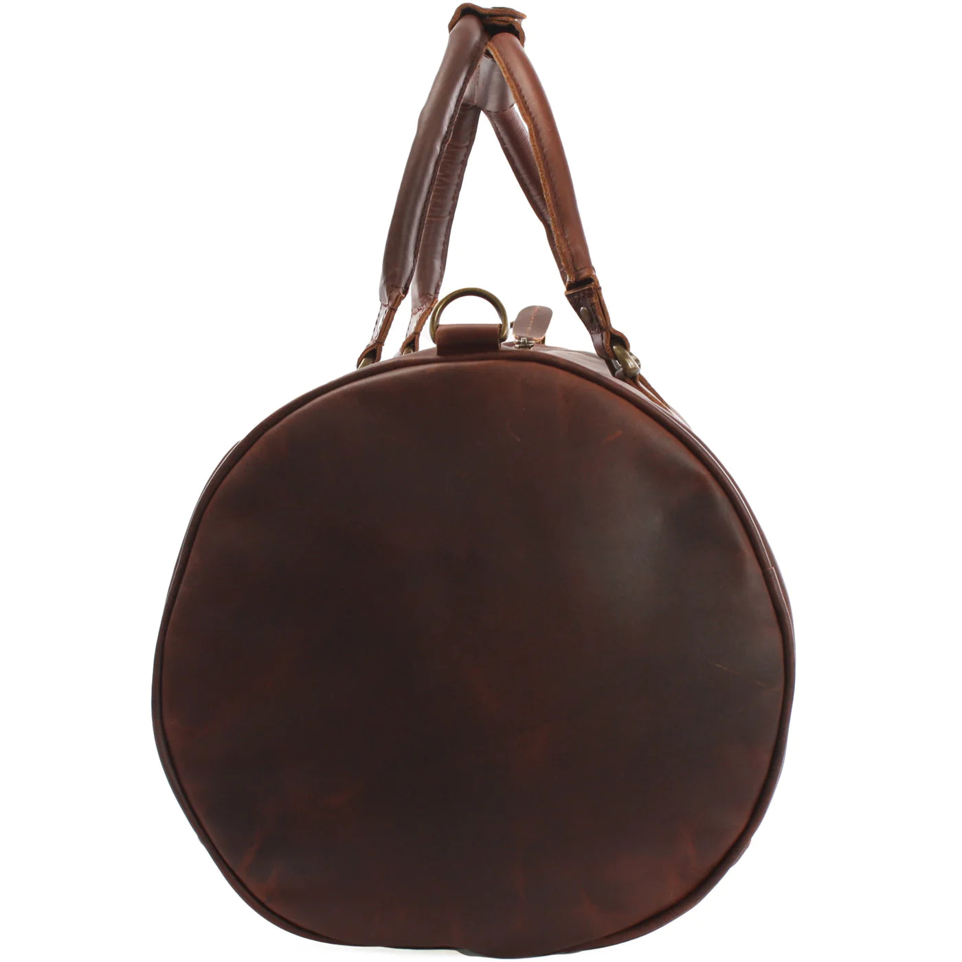 Brown Voyager leather weekender duffel, end view showing rounded profile and strap attachment ring