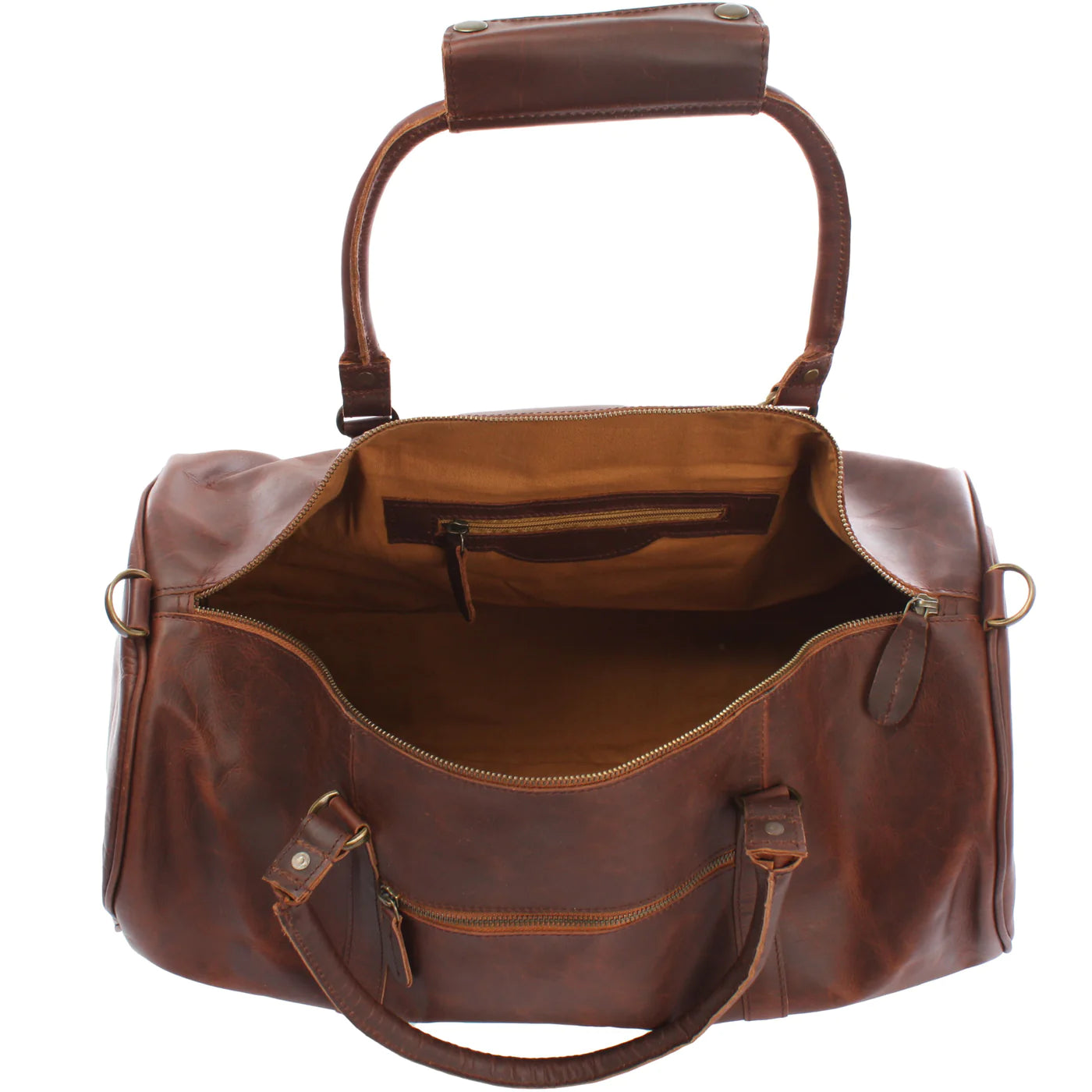Open brown Voyager weekender duffel showing tan lining, interior zip pocket, and wide main compartment