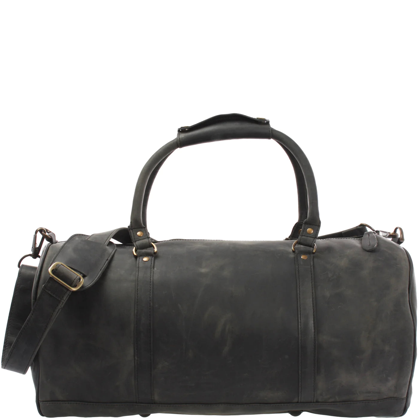 Open gray Voyager weekender duffel showing dark lining, interior zip pocket, and wide main compartment