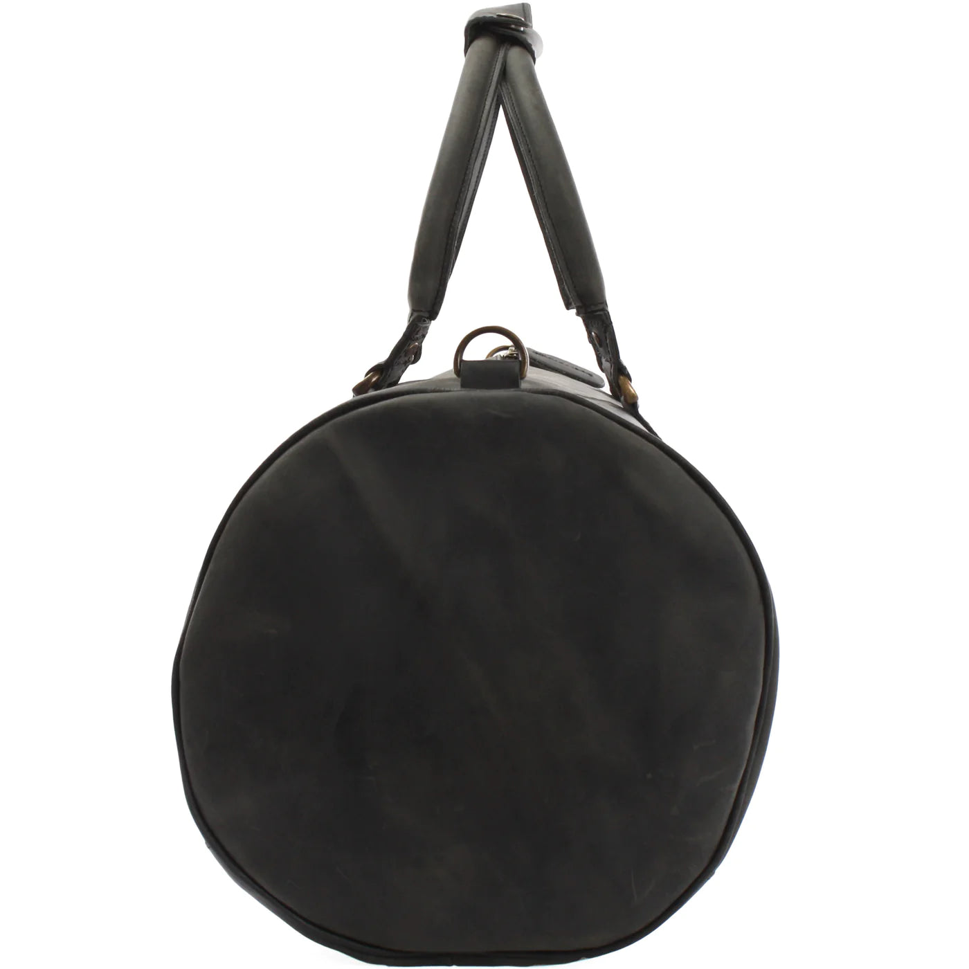 Gray Voyager leather weekender duffel, end view showing rounded profile and strap attachment ring