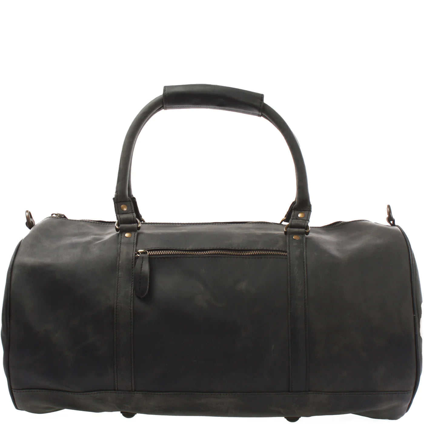 Gray Voyager leather duffel, zip-pocket panel view with reinforced handles and leather zipper pull