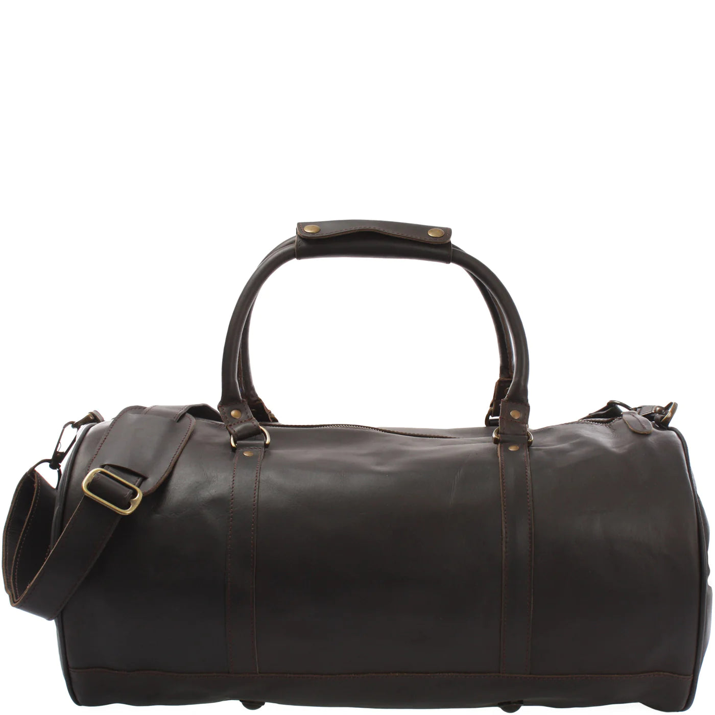 Gray Voyager leather weekender duffel, front view with distressed finish, top handles, and shoulder strap