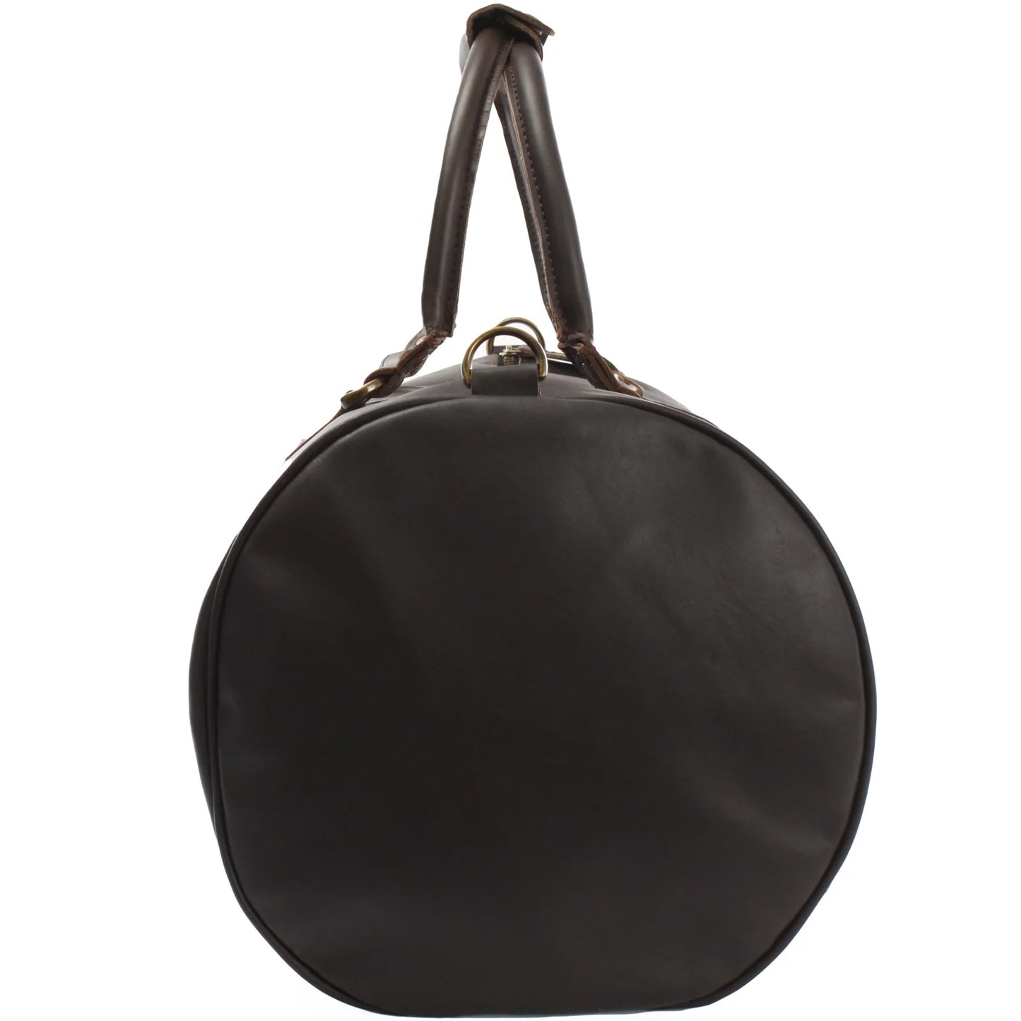 Gray Voyager leather weekender duffel, end view showing rounded profile and strap attachment ring