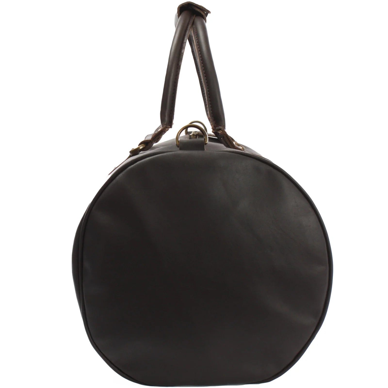 Gray Voyager leather weekender duffel, end view showing rounded profile and strap attachment ring
