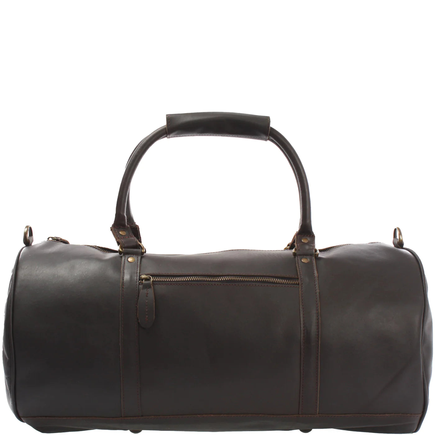 Gray Voyager leather duffel, zip-pocket panel view with reinforced handles and leather zipper pull